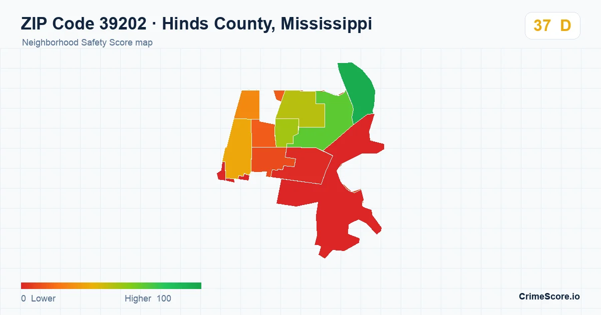 ZIP Code 39202 in Hinds County, Mississippi neighborhood Safety Score map
