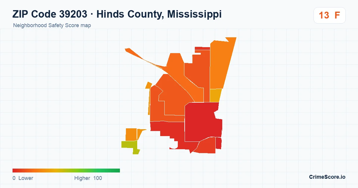 ZIP Code 39203 in Hinds County, Mississippi neighborhood Safety Score map