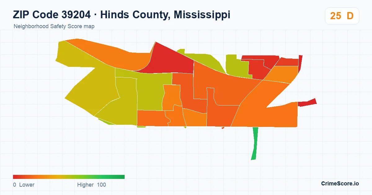 ZIP Code 39204 in Hinds County, Mississippi neighborhood Safety Score map