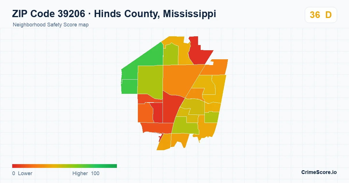 ZIP Code 39206 in Hinds County, Mississippi neighborhood Safety Score map