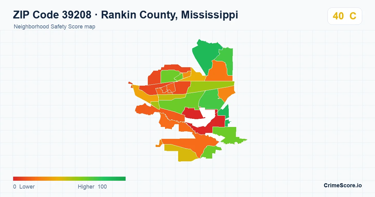 ZIP Code 39208 in Rankin County, Mississippi neighborhood Safety Score map