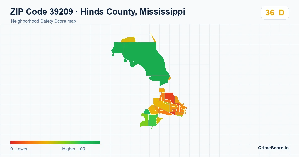 ZIP Code 39209 in Hinds County, Mississippi neighborhood Safety Score map