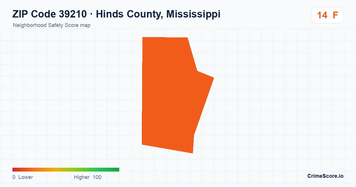 ZIP Code 39210 in Hinds County, Mississippi neighborhood Safety Score map