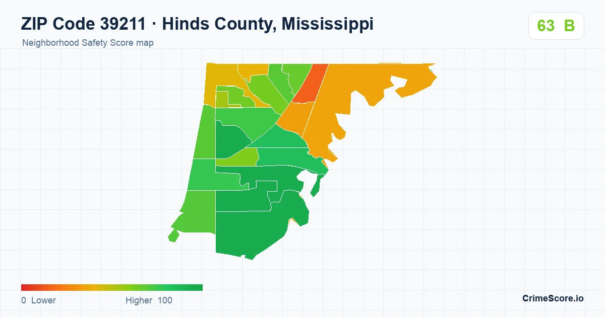 ZIP Code 39211 in Hinds County, Mississippi neighborhood Safety Score map
