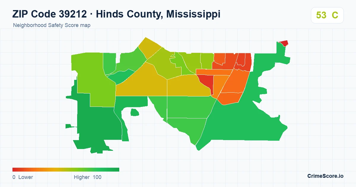 ZIP Code 39212 in Hinds County, Mississippi neighborhood Safety Score map