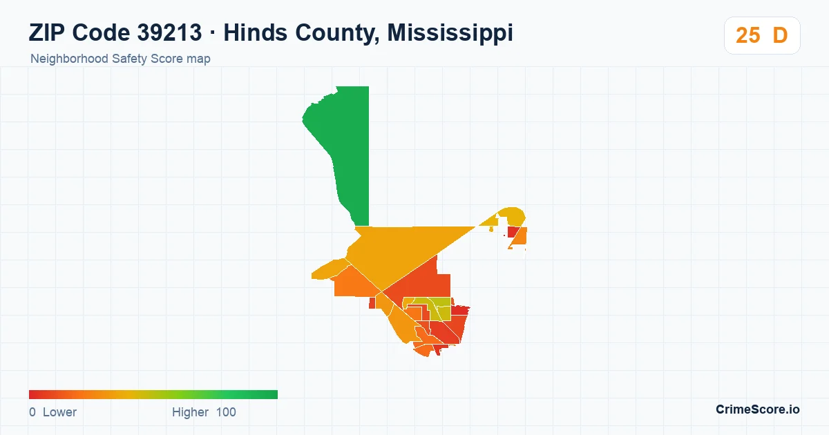 ZIP Code 39213 in Hinds County, Mississippi neighborhood Safety Score map