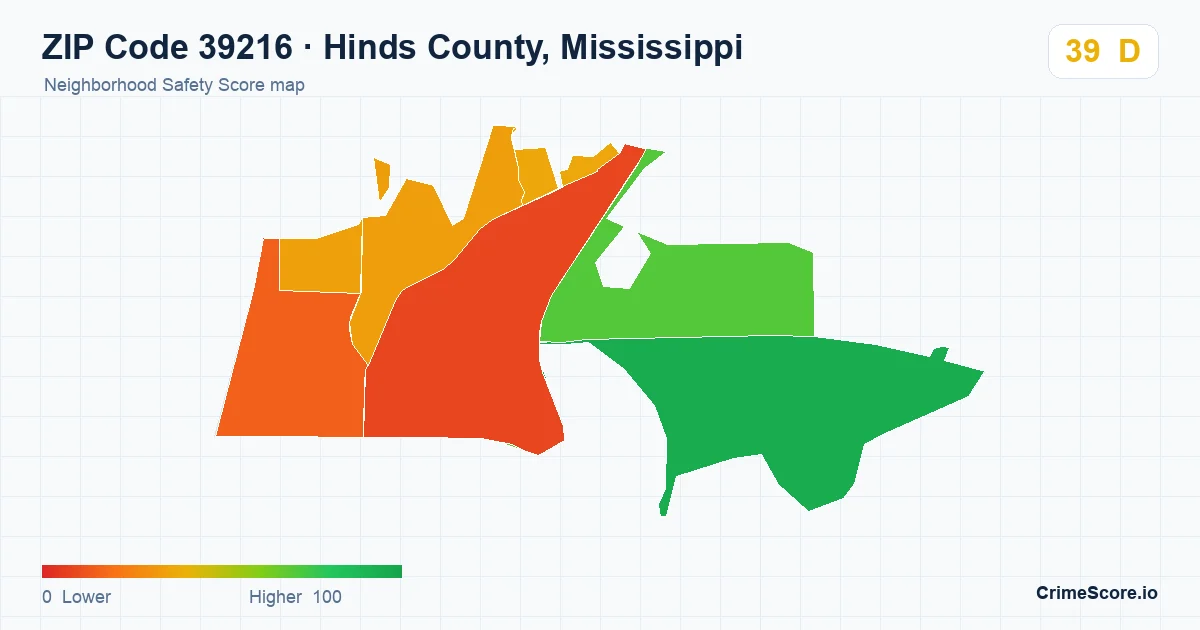 ZIP Code 39216 in Hinds County, Mississippi neighborhood Safety Score map