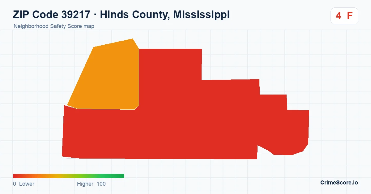 ZIP Code 39217 in Hinds County, Mississippi neighborhood Safety Score map