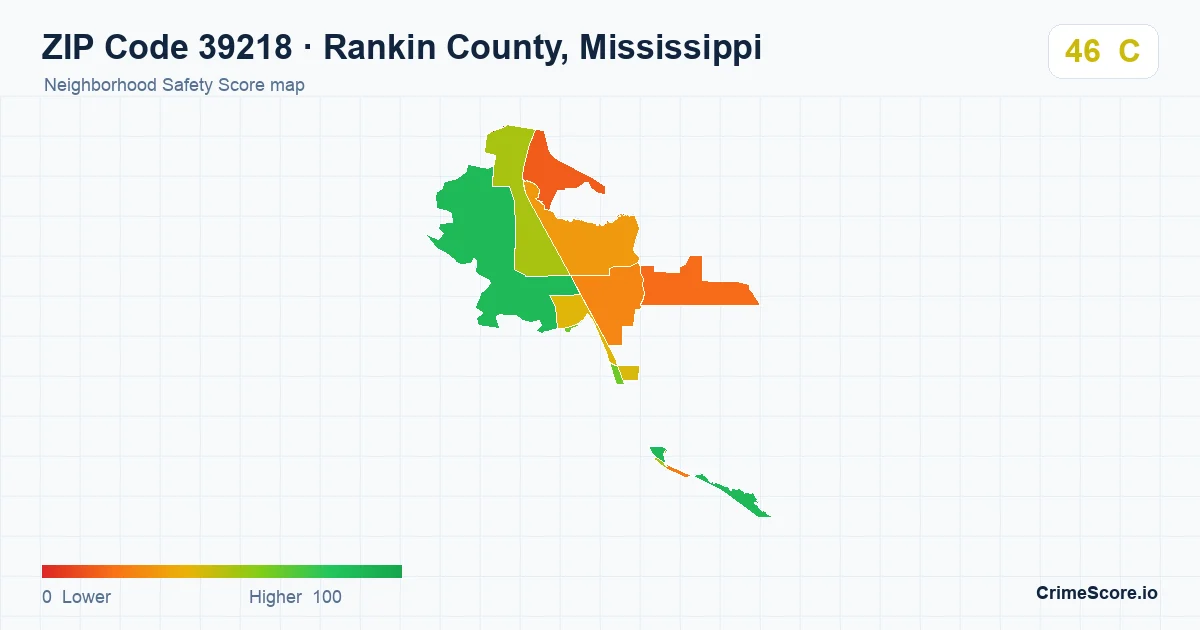 ZIP Code 39218 in Rankin County, Mississippi neighborhood Safety Score map