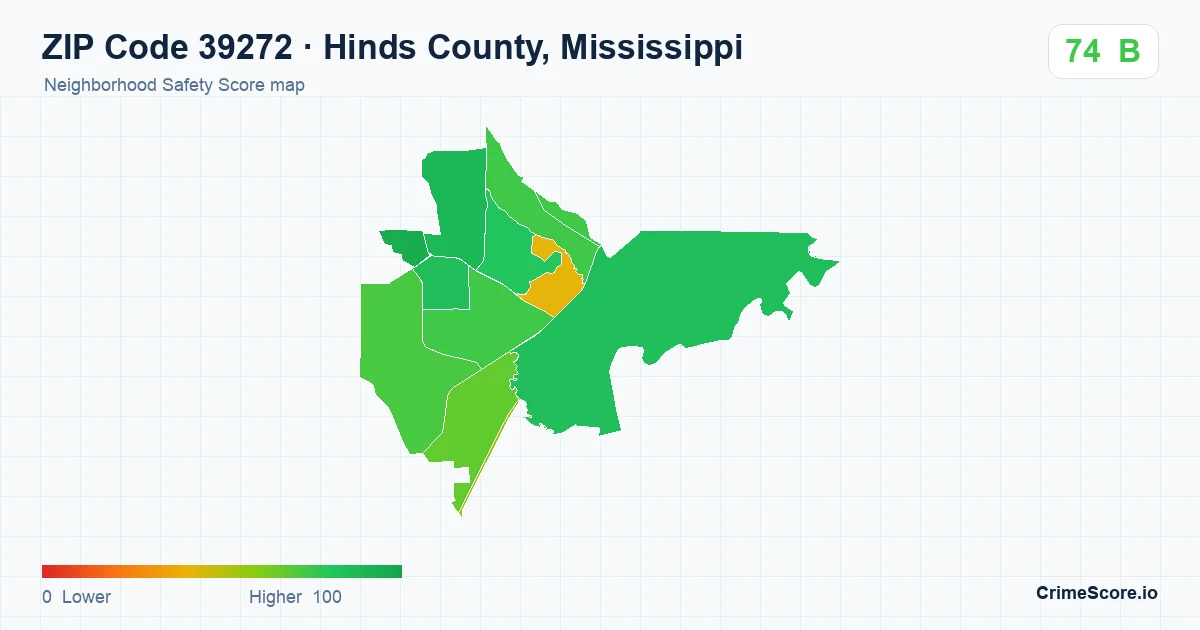 ZIP Code 39272 in Hinds County, Mississippi neighborhood Safety Score map