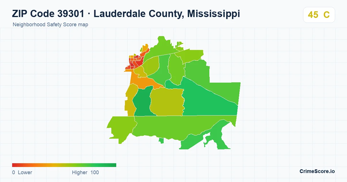 ZIP Code 39301 in Lauderdale County, Mississippi neighborhood Safety Score map