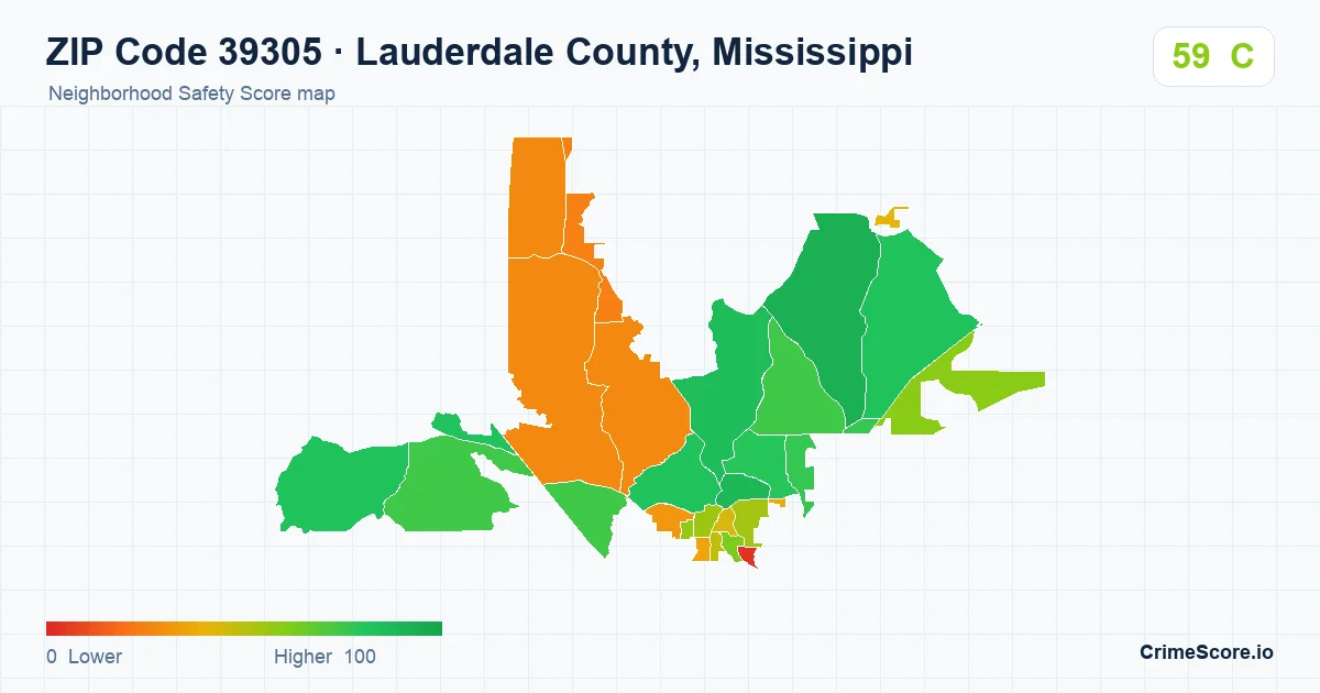 ZIP Code 39305 in Lauderdale County, Mississippi neighborhood Safety Score map