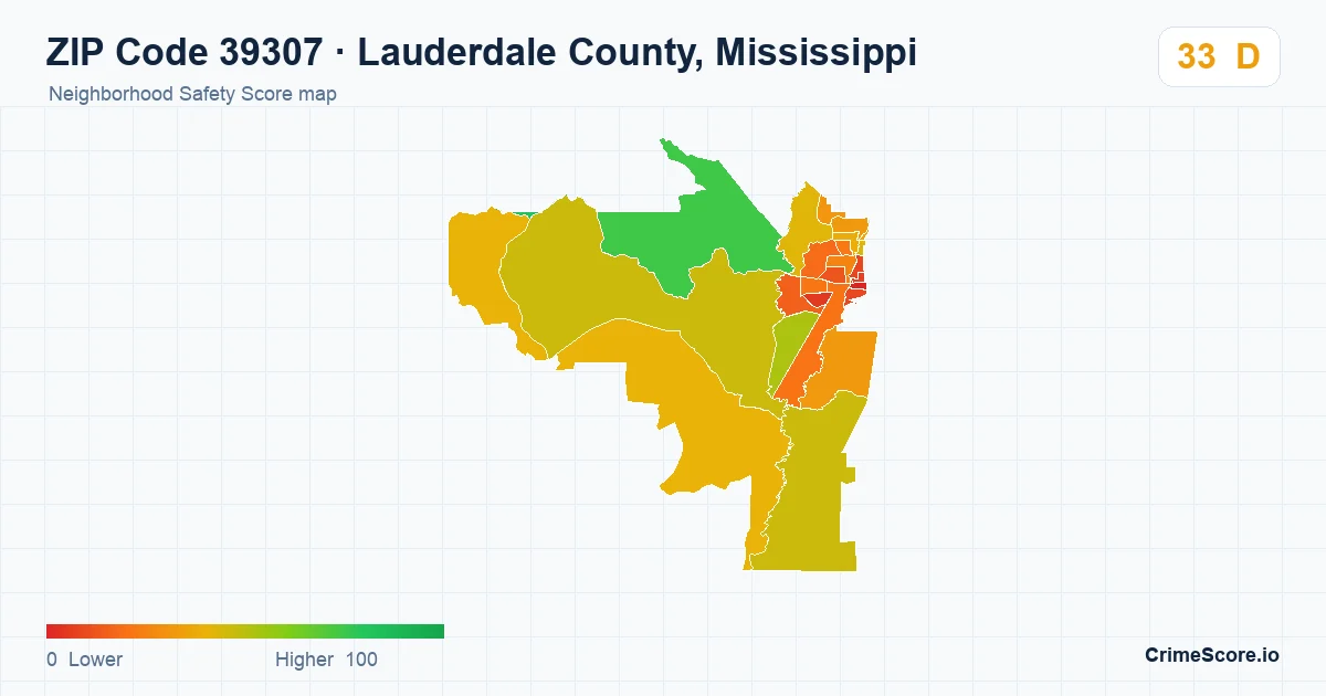 ZIP Code 39307 in Lauderdale County, Mississippi neighborhood Safety Score map