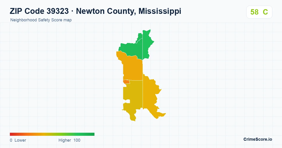 ZIP Code 39323 in Newton County, Mississippi neighborhood Safety Score map