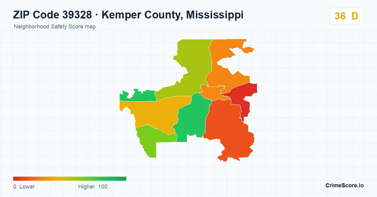 ZIP Code 39328 in Kemper County, Mississippi neighborhood Safety Score map