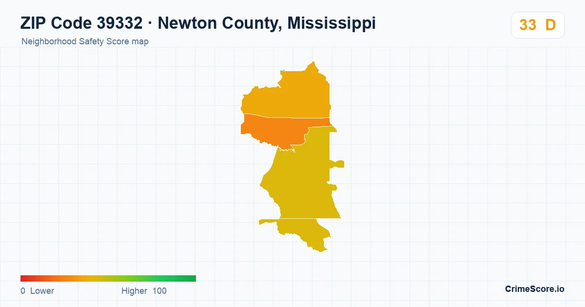ZIP Code 39332 in Newton County, Mississippi neighborhood Safety Score map