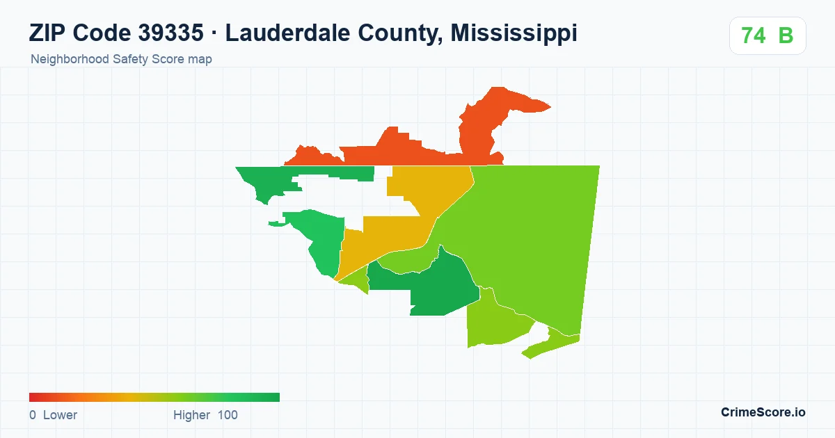 ZIP Code 39335 in Lauderdale County, Mississippi neighborhood Safety Score map