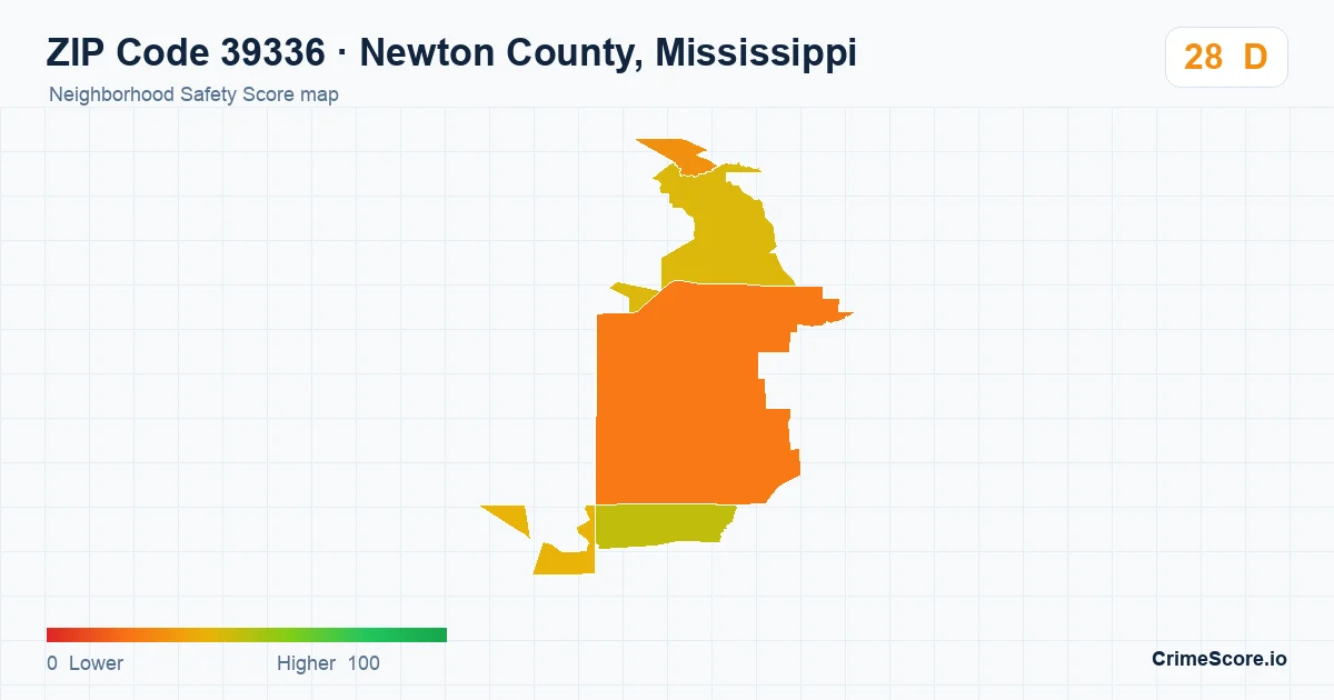 ZIP Code 39336 in Newton County, Mississippi neighborhood Safety Score map