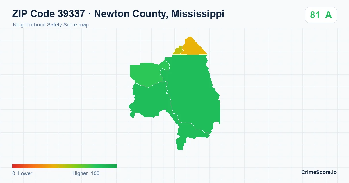 ZIP Code 39337 in Newton County, Mississippi neighborhood Safety Score map
