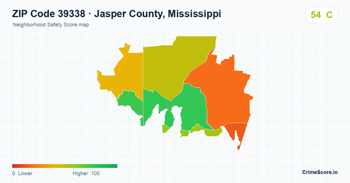 ZIP Code 39338 in Jasper County, Mississippi neighborhood Safety Score map