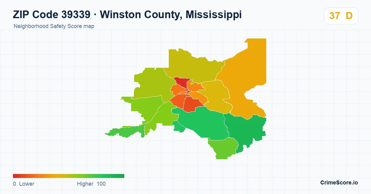 ZIP Code 39339 in Winston County, Mississippi neighborhood Safety Score map