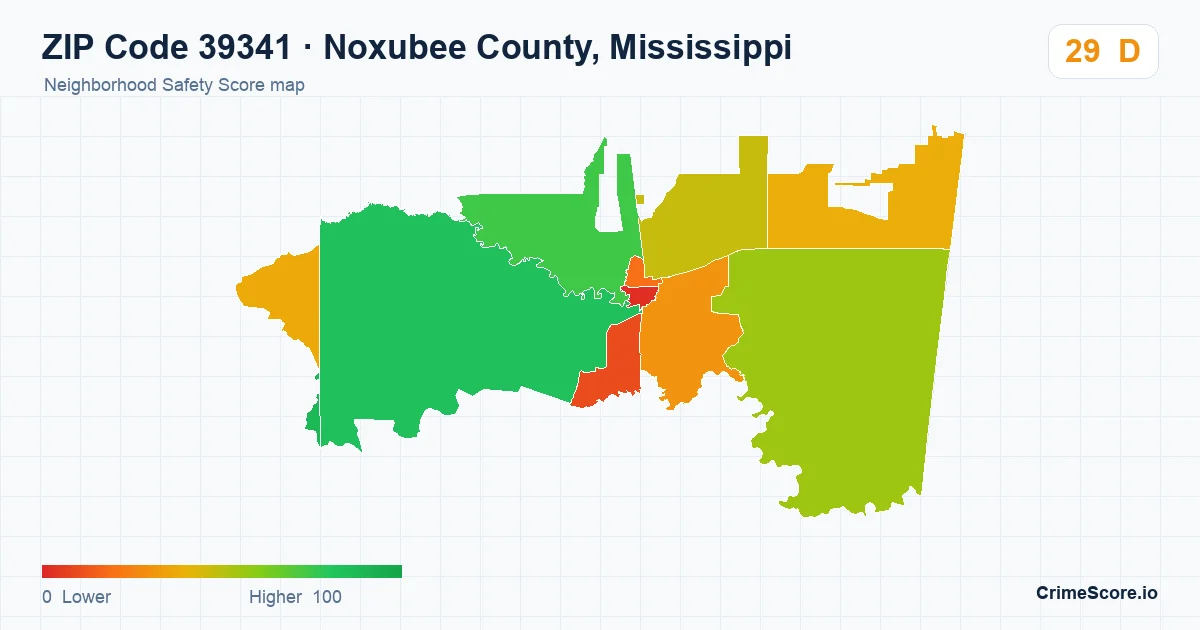 ZIP Code 39341 in Noxubee County, Mississippi neighborhood Safety Score map