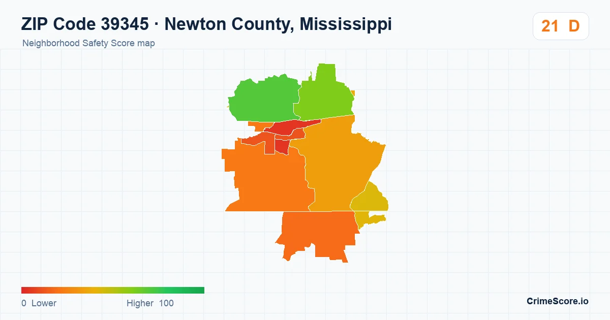 ZIP Code 39345 in Newton County, Mississippi neighborhood Safety Score map
