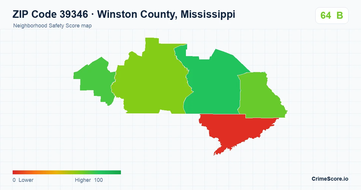 ZIP Code 39346 in Winston County, Mississippi neighborhood Safety Score map