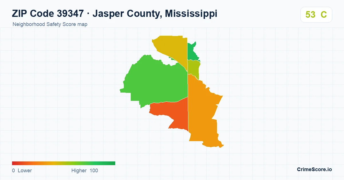 ZIP Code 39347 in Jasper County, Mississippi neighborhood Safety Score map