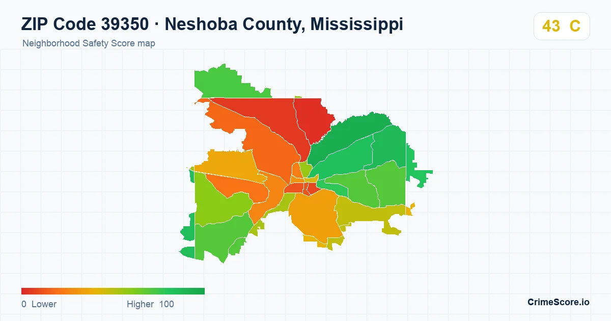 ZIP Code 39350 in Neshoba County, Mississippi neighborhood Safety Score map