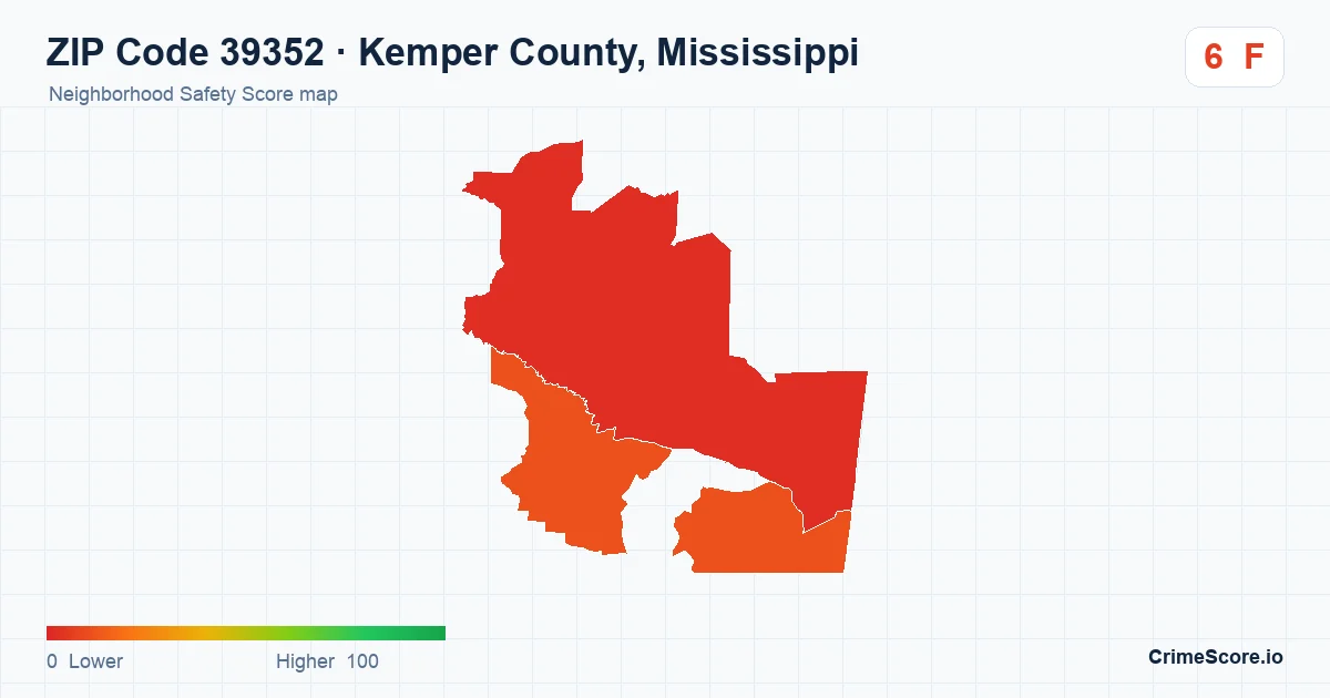 ZIP Code 39352 in Kemper County, Mississippi neighborhood Safety Score map