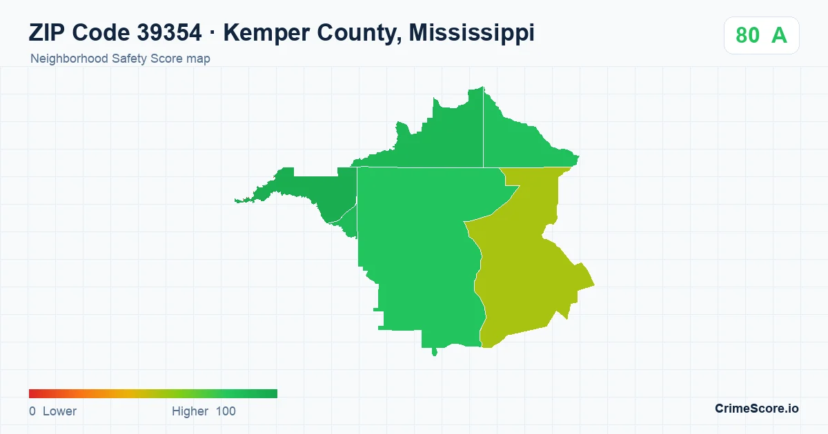 ZIP Code 39354 in Kemper County, Mississippi neighborhood Safety Score map