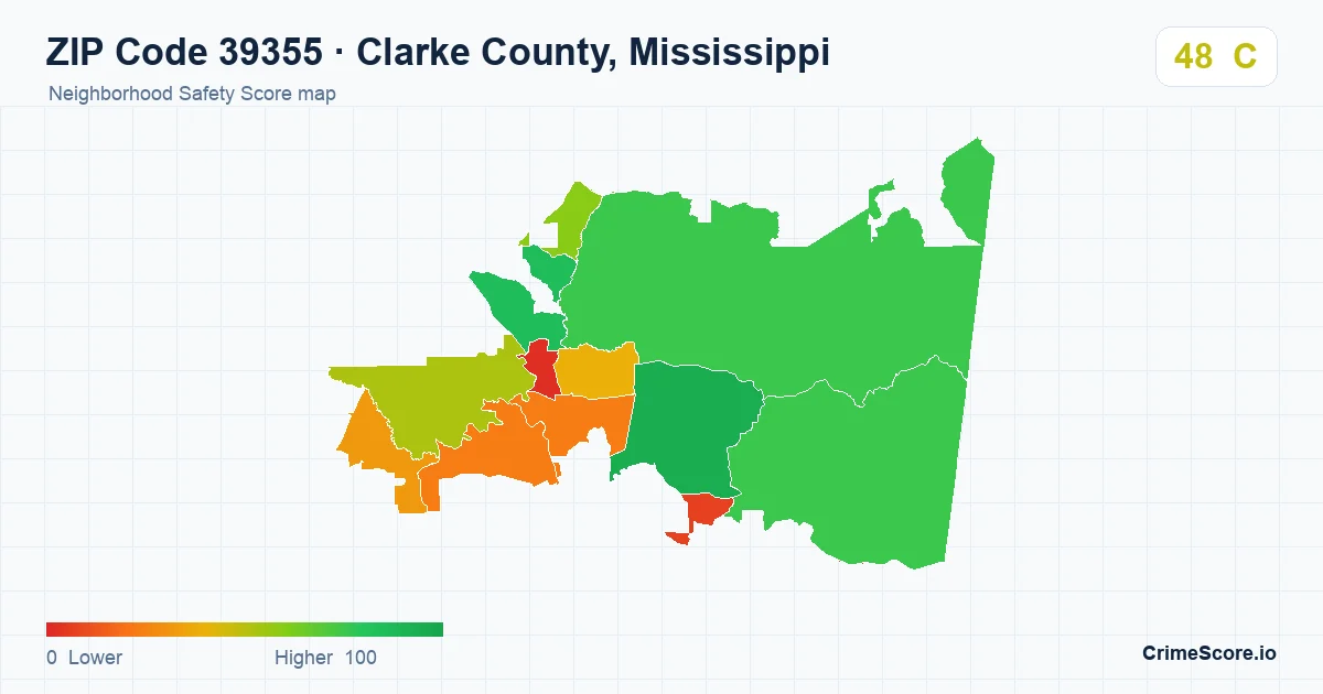 ZIP Code 39355 in Clarke County, Mississippi neighborhood Safety Score map