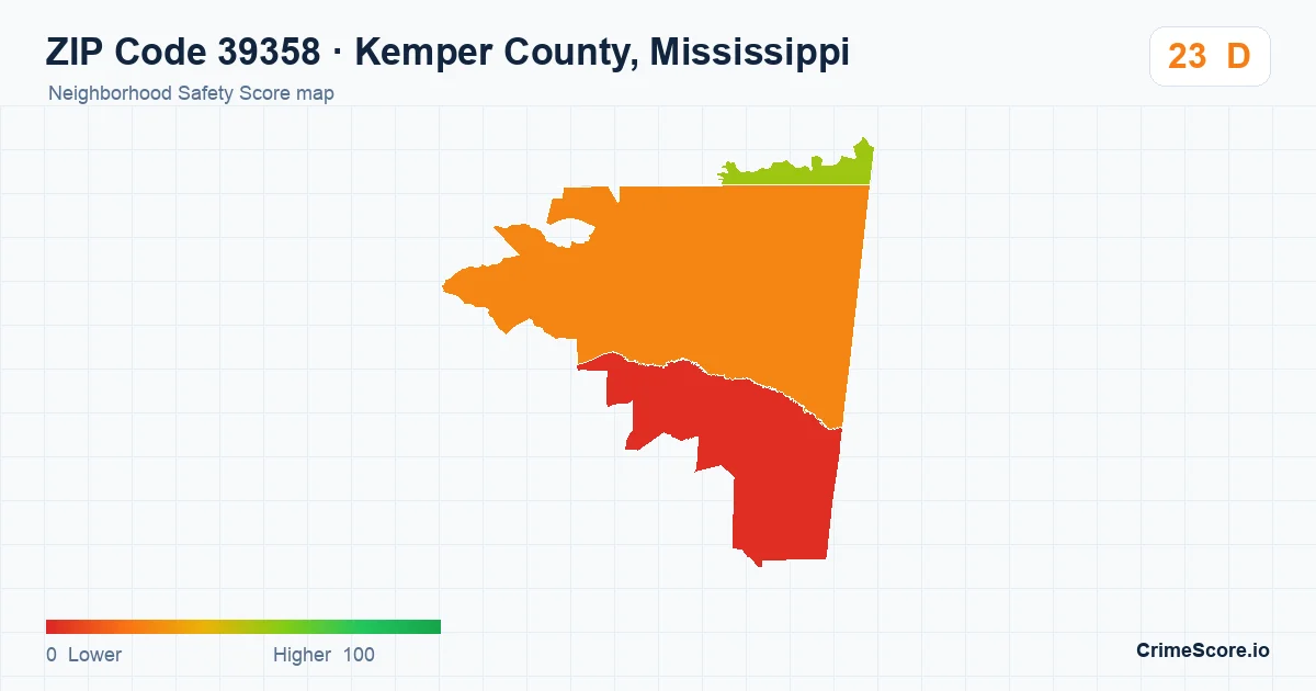 ZIP Code 39358 in Kemper County, Mississippi neighborhood Safety Score map