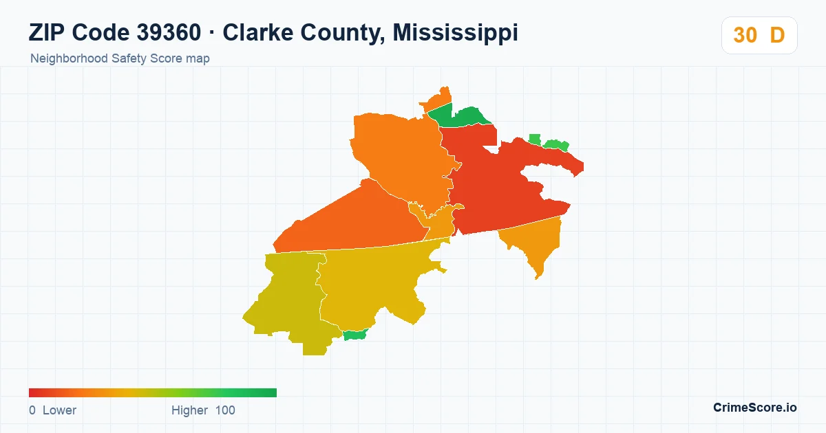 ZIP Code 39360 in Clarke County, Mississippi neighborhood Safety Score map