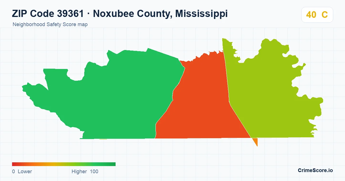ZIP Code 39361 in Noxubee County, Mississippi neighborhood Safety Score map