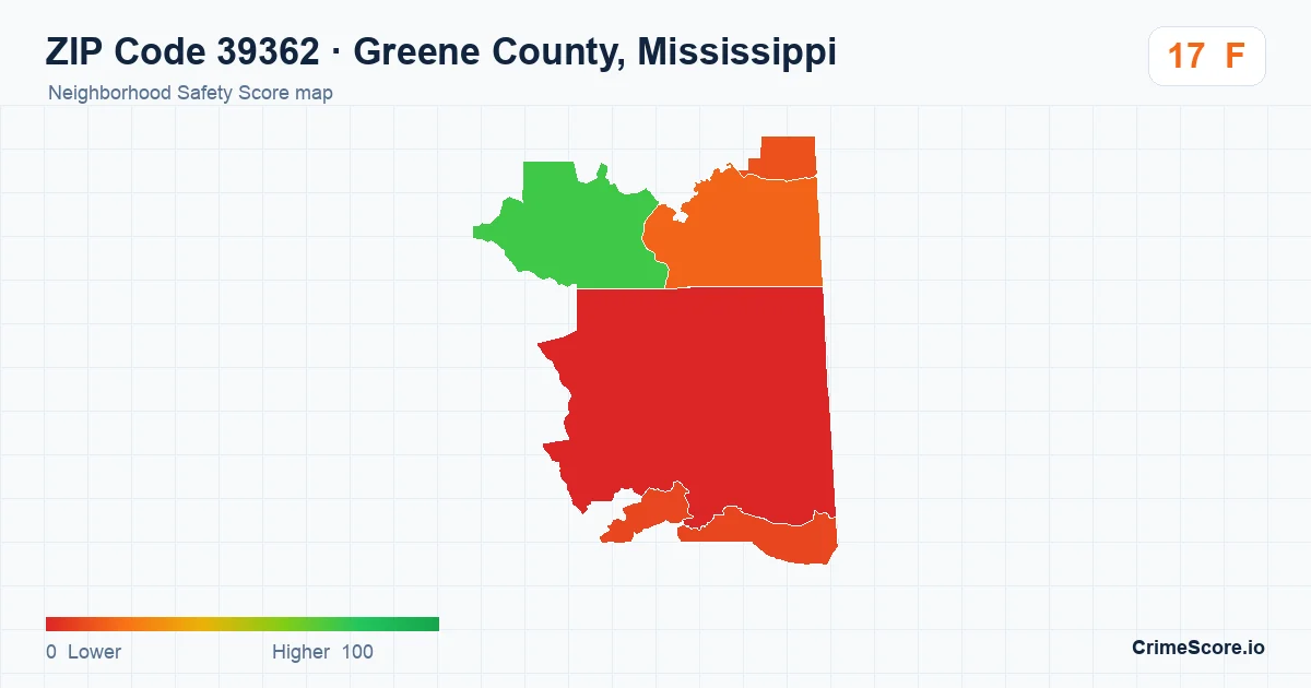 ZIP Code 39362 in Greene County, Mississippi neighborhood Safety Score map