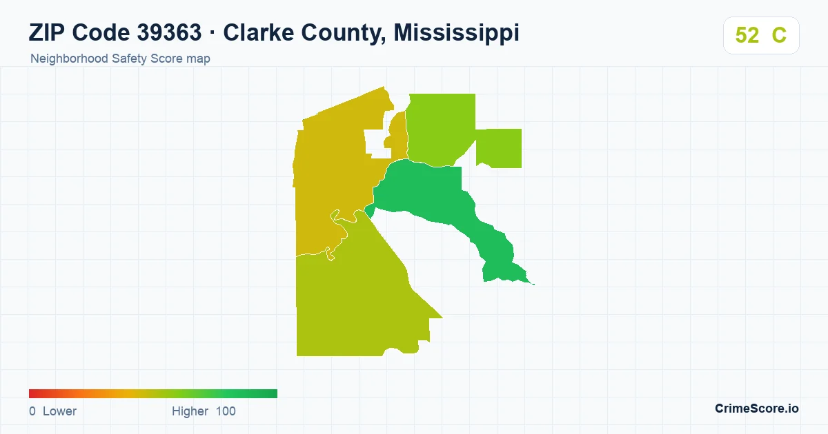 ZIP Code 39363 in Clarke County, Mississippi neighborhood Safety Score map