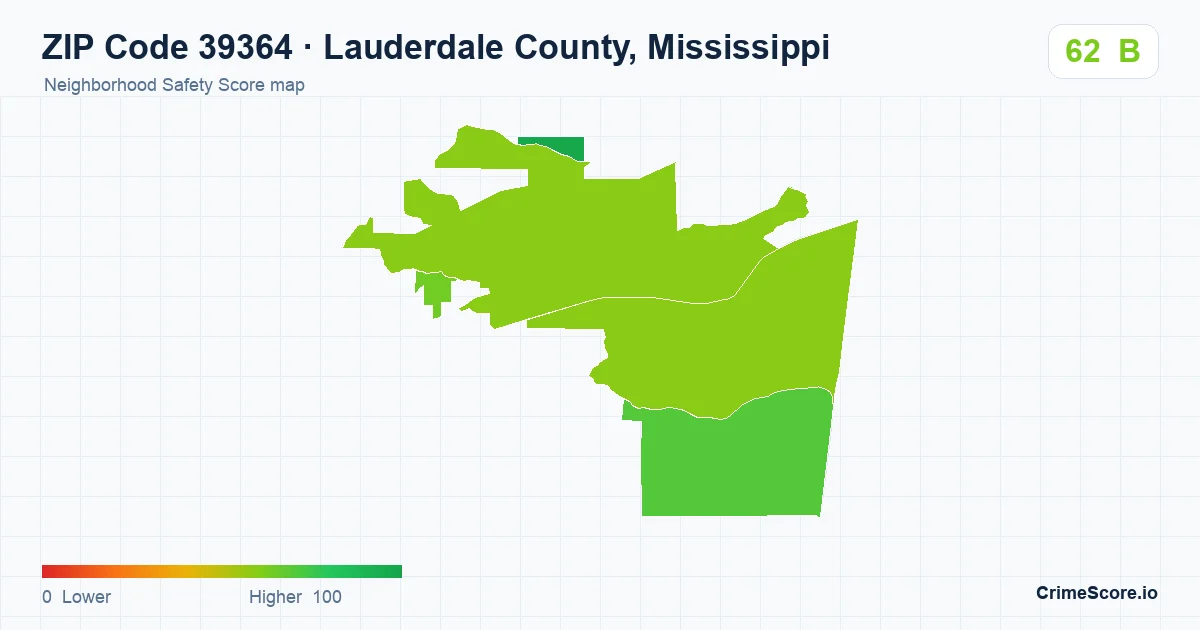 ZIP Code 39364 in Lauderdale County, Mississippi neighborhood Safety Score map