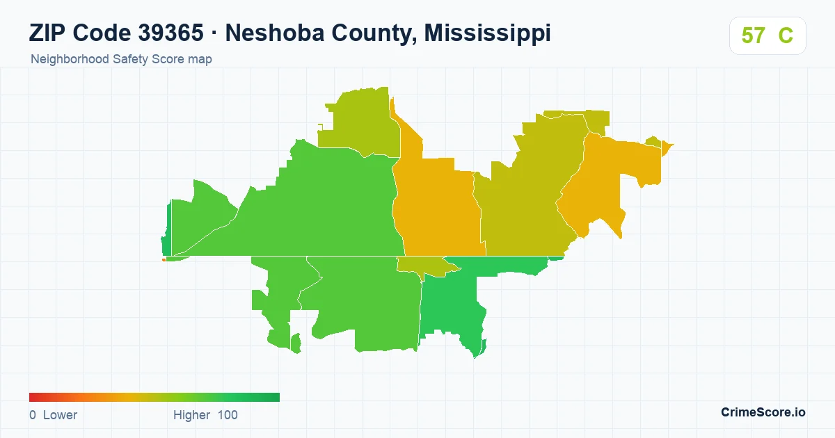 ZIP Code 39365 in Neshoba County, Mississippi neighborhood Safety Score map