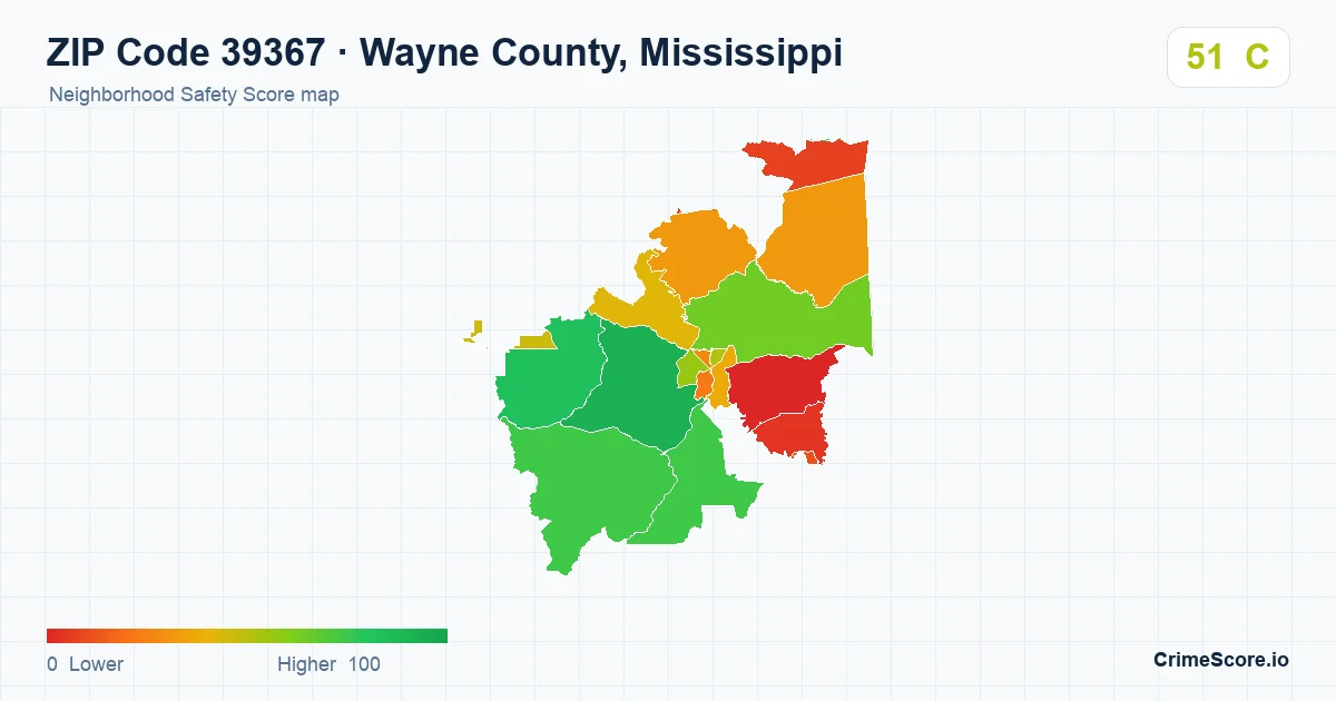 ZIP Code 39367 in Wayne County, Mississippi neighborhood Safety Score map