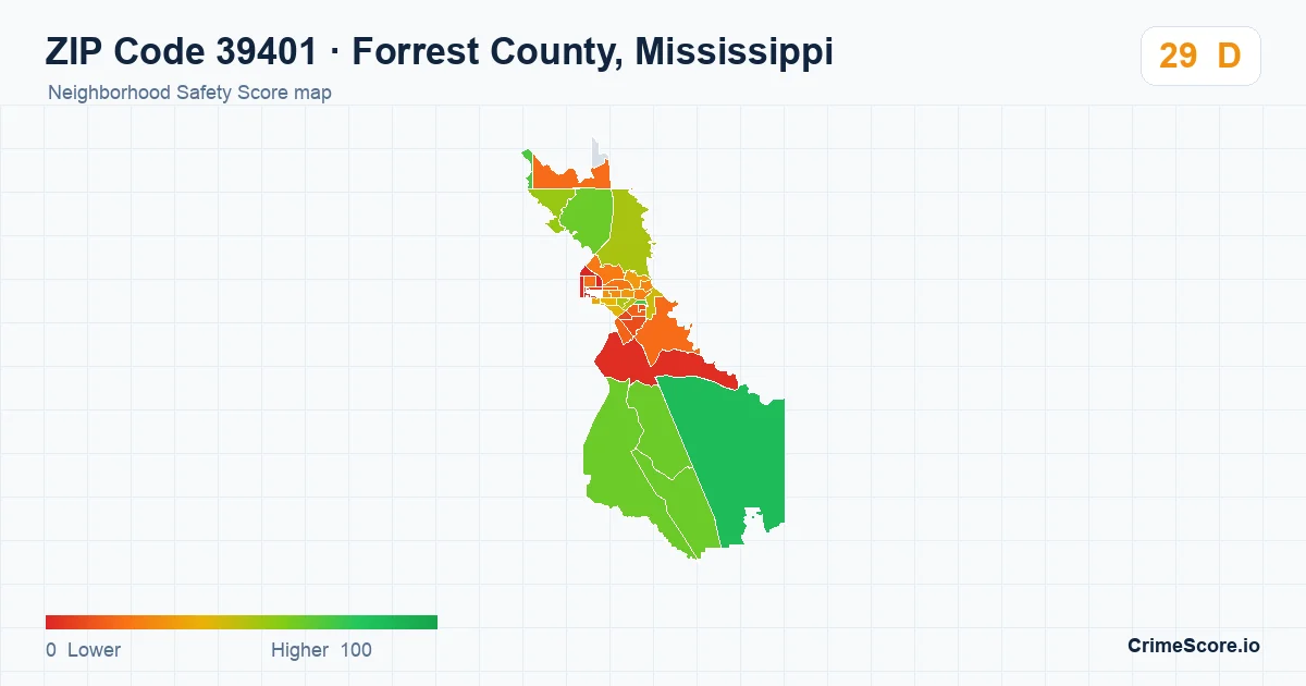 ZIP Code 39401 in Forrest County, Mississippi neighborhood Safety Score map