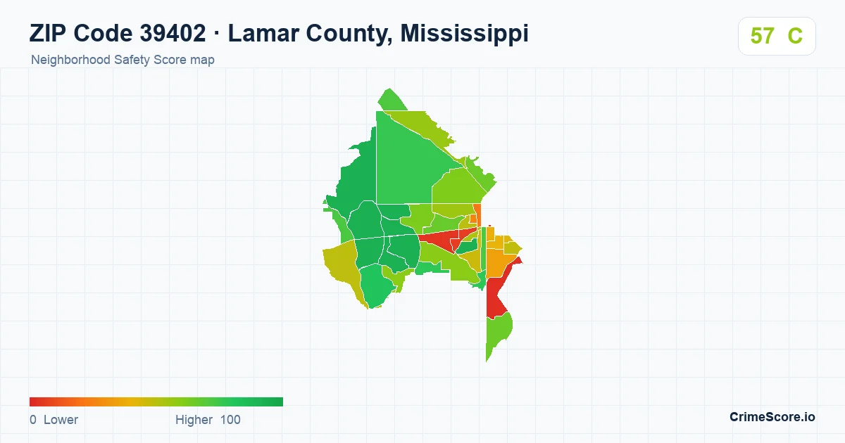 ZIP Code 39402 in Lamar County, Mississippi neighborhood Safety Score map