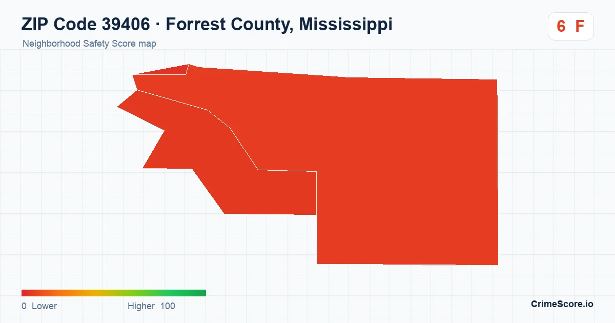 ZIP Code 39406 in Forrest County, Mississippi neighborhood Safety Score map