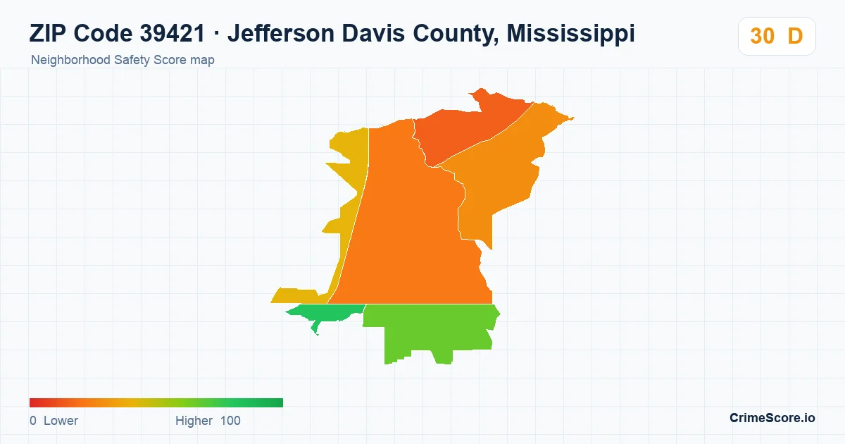 ZIP Code 39421 in Jefferson Davis County, Mississippi neighborhood Safety Score map