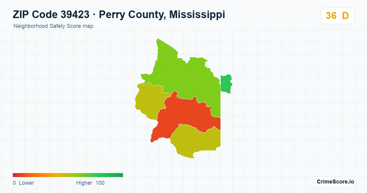 ZIP Code 39423 in Perry County, Mississippi neighborhood Safety Score map