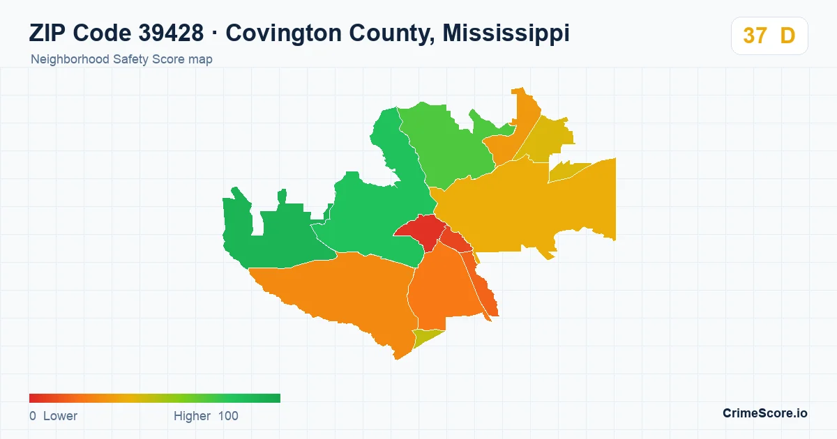 ZIP Code 39428 in Covington County, Mississippi neighborhood Safety Score map