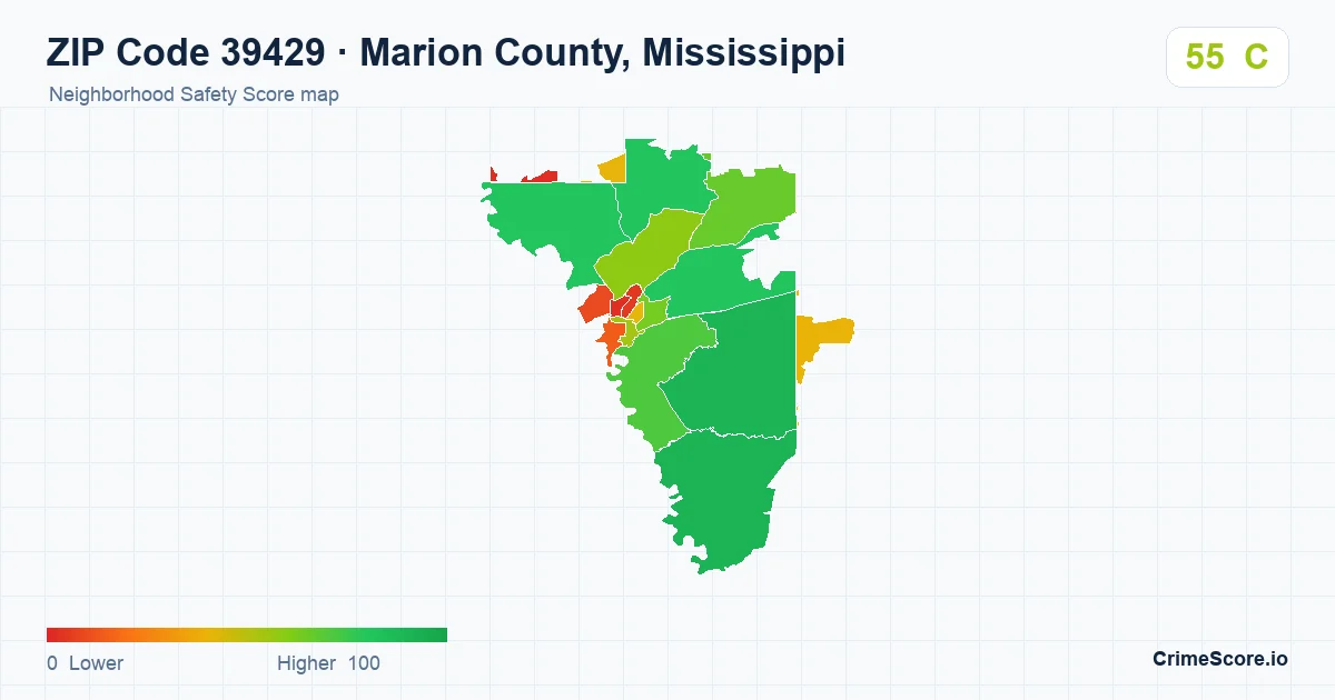 ZIP Code 39429 in Marion County, Mississippi neighborhood Safety Score map