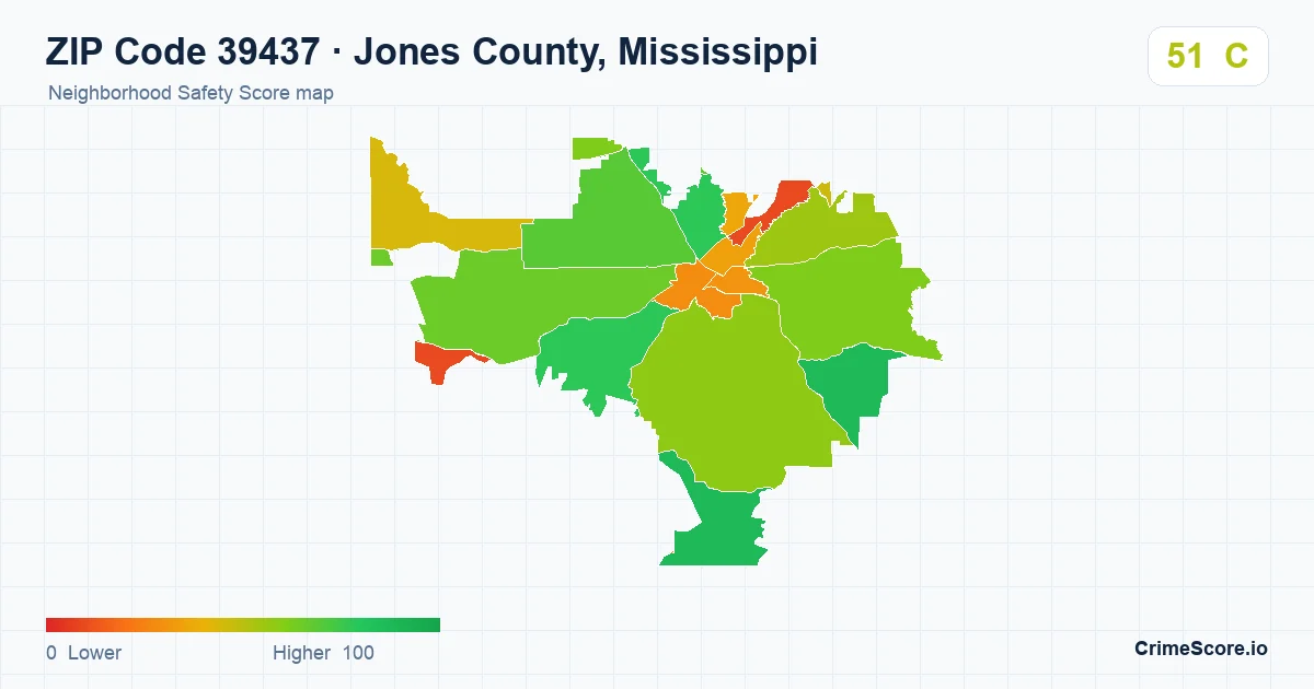 ZIP Code 39437 in Jones County, Mississippi neighborhood Safety Score map