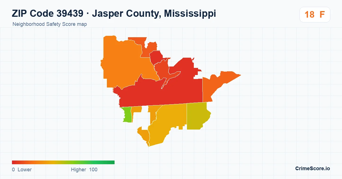 ZIP Code 39439 in Jasper County, Mississippi neighborhood Safety Score map